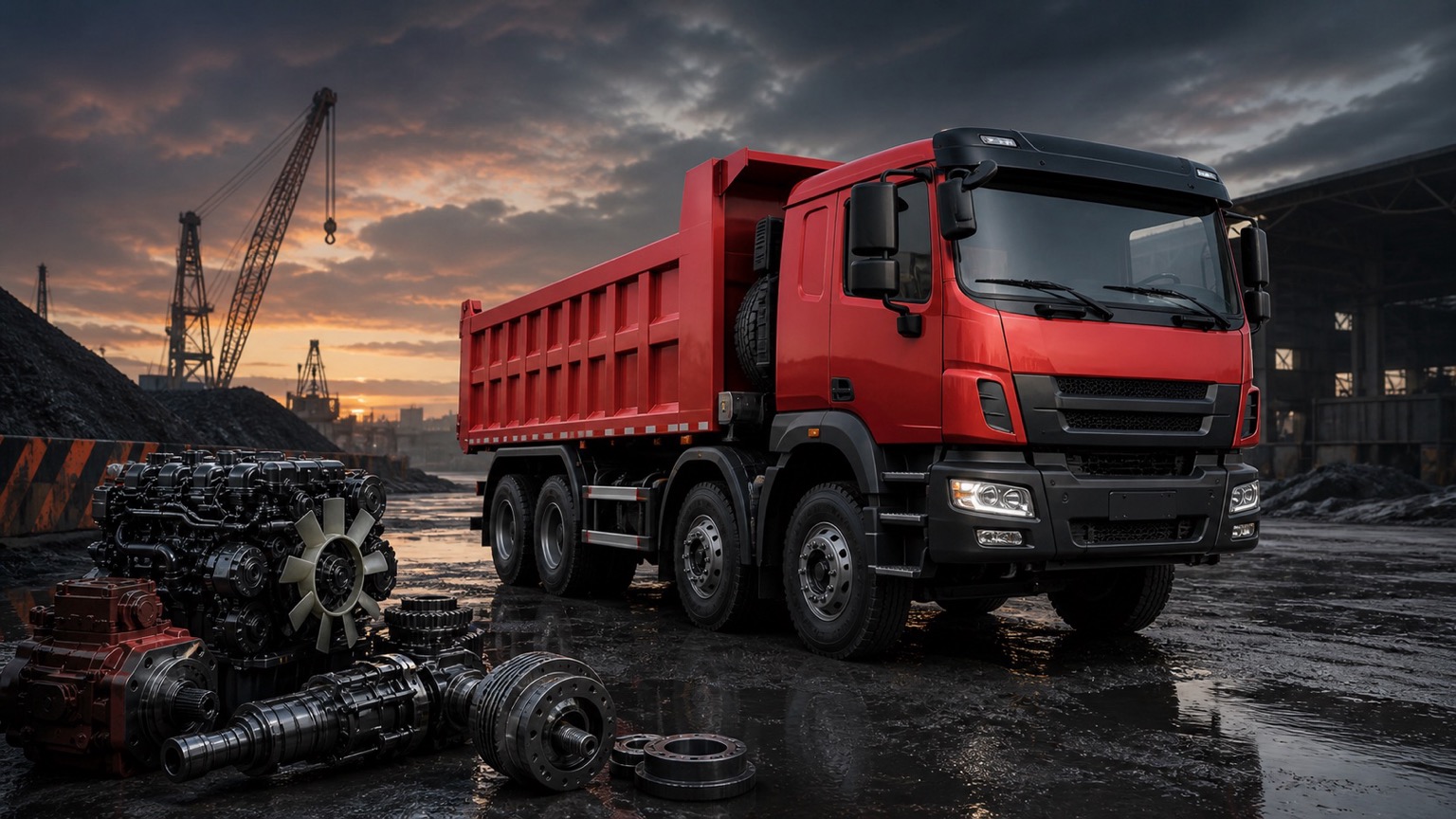Red Chinese heavy-duty dump truck with truck parts at a construction logistics yard